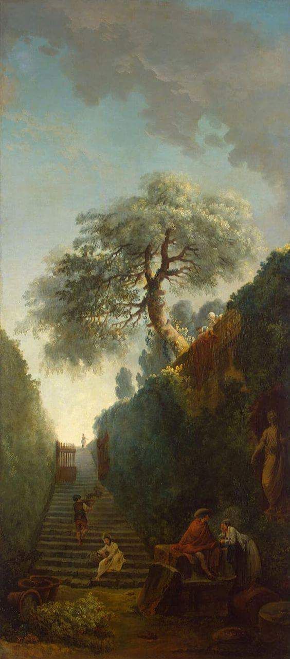 a painting of people sitting on steps in the woods