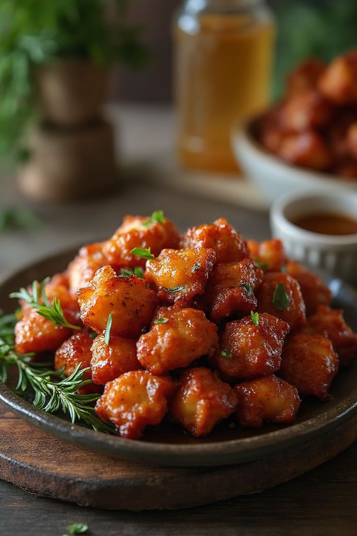 a plate filled with fried food next to a bowl of sauce and a jar of honey