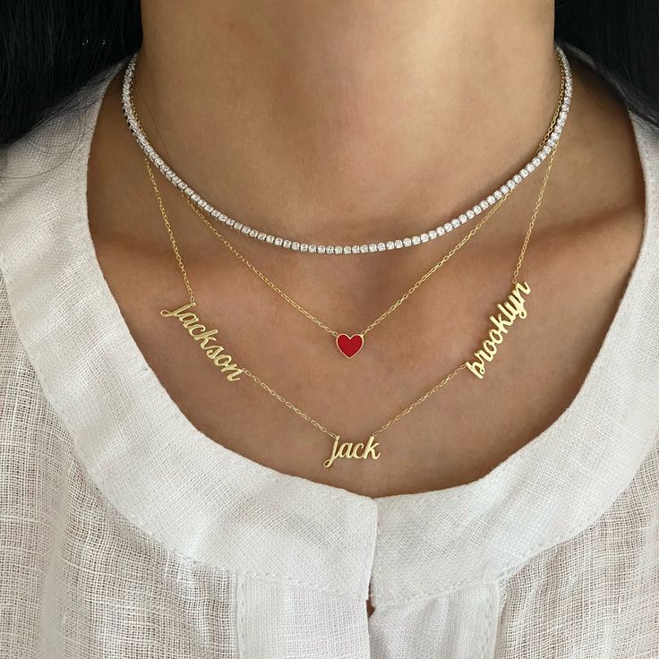 Add up to 6 names/words of your choice to this gorgeous necklace. Each name/word will be in a beautiful script font. Available in 14K Yellow, White or Rose Gold Available in all lowercase or first letter uppercase only Script font only Height is approx. 0.20" - 0.25" - varies per letter and uppercase/lowercase Length depends on the number of letters. Up to 10 characters per name only. Price is based on the number of names. FINAL SALE Elegant Personalized Sterling Silver Diamond Necklace, Personalized Elegant Sterling Silver Diamond Necklace, Personalized Cubic Zirconia Necklaces, Personalized Cubic Zirconia Necklace For Special Gifts, Classic Diamond Nameplate Jewelry, Classic Personalized Cubic Zirconia Necklaces, Classic Personalized Cubic Zirconia Necklace, Classic Name Necklace With Diamond Accents For Anniversary, Classic Diamond-accent Name Necklace For Anniversary