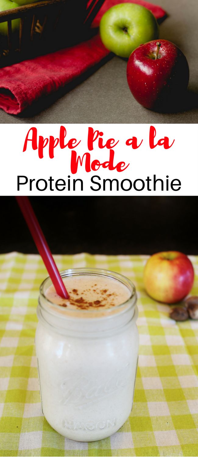 an apple pie la mode protein smoothie in a mason jar