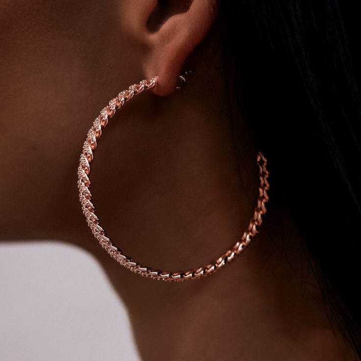 Introducing the Diamond Prong Hoop Earrings in 14k Rose Gold. Available in four different sizes and three colors, we took your favorite chain and bracelet and transformed them into finely detailed hoops! Featuring a micro cuban link pattern and covered in hand-set stones, these earrings are perfect for every occasion. Complete the matching set with the Micro Diamond Prong Chain and Bracelet in Rose Gold! This product is guaranteed for life – GLD will repair or replace the item should you experie Rose Gold Small Hoop Earrings With Cubic Zirconia, Small Rose Gold Cubic Zirconia Hoop Earrings, Small Hoop Jewelry With Halo Design For Gift, Small Hoop Halo Jewelry As Gift, Halo Design Small Hoop Jewelry For Gift, Halo Design Small Hoop Jewelry Gift, Rose Gold Round Metal Jewelry, Hoop Jewelry With Halo Design As Gift, Halo Design Hoop Jewelry Gift