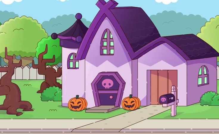 a cartoon house with pumpkins in front of it