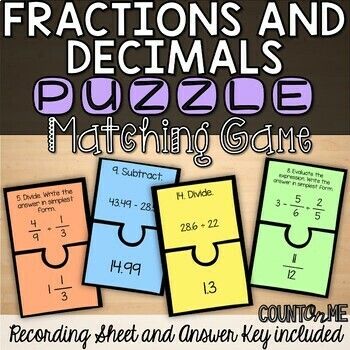 fractions and numbers puzzle matching game for students to solve the missing number in each piece