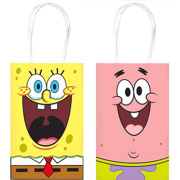 two bags with cartoon characters on them, one is pink and the other is yellow