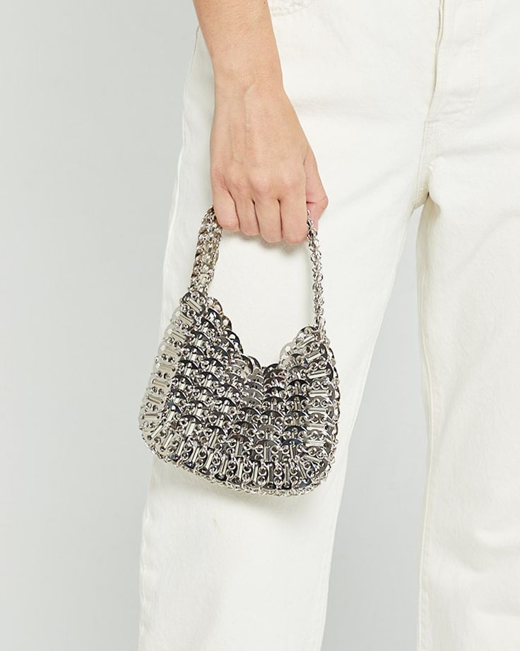 Lyla Mini Bag Chic Metal Evening Bag With Chain Strap, Silver Clutch Evening Bag With Chain Strap, Silver Chain Link Bag For Everyday Use, Silver Metal Chain Link Bag, Silver Metal Bag With Chain Strap, Trendy Silver Evening Bag With Chain Strap, Silver Metal Shoulder Bag For Party, Trendy Silver Evening Bag With Chain, Silver Chainmail Bag For Everyday Use