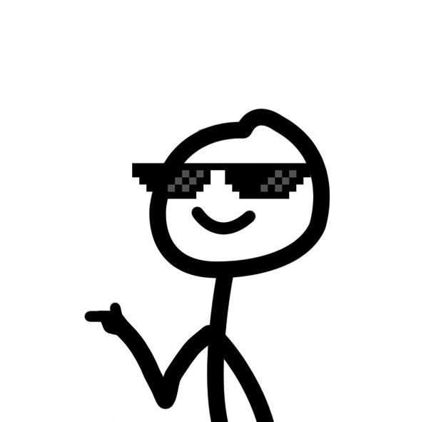 a black and white drawing of a person with sunglasses pointing at something in the air