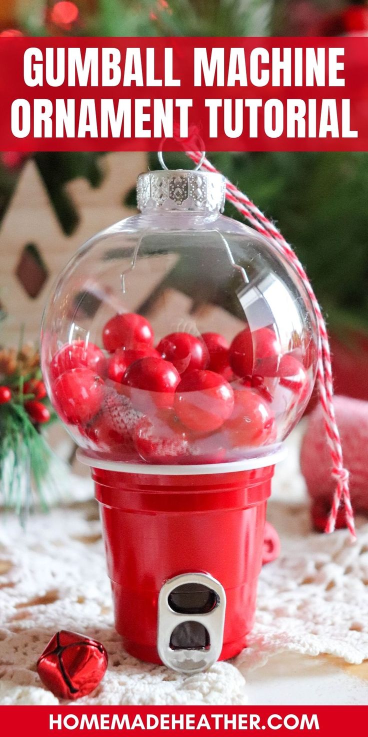 gumball machine ornament with text overlay