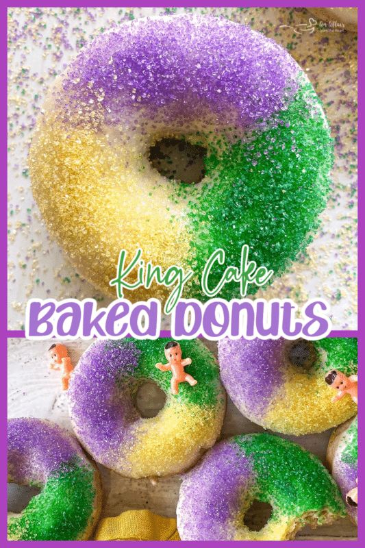 King Cake Donut Recipe, Mardi Gras Breakfast, Gluten Free King Cake Recipe, Gluten Free King Cake, Mardi Gras Desserts, Soft Frosted Sugar Cookies, Mardi Grad, Doughnut Recipes, Donuts Recipes