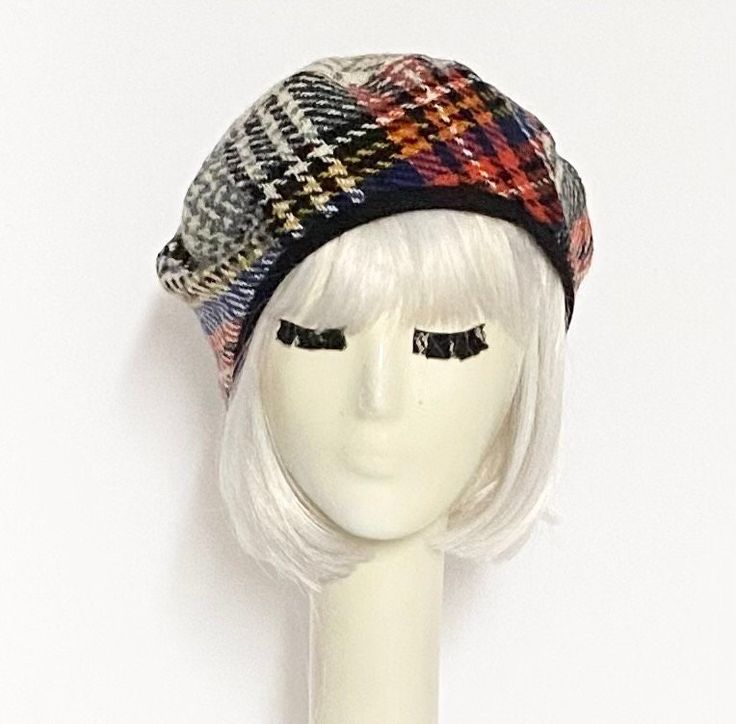 "Frenchie Beret hat is made with vintage tartan plaid fabric lined in rayon print, with a 1\" wool band, 4\" black wool bow with a rhinestone button and has a 1\" soft elastic band inside. One size fits most will fit up to 23\" All of Bella Starr hats are made and designed from my original drafted patterns.Please contact Bella Starr immediately if your not satisfied with your purchase. If you're not satisfied with your in stock purchase or your item is damaged you must notify me within 3 DAYS of Oversized Beret, Plaid Beret, Slouchy Beret, Custom Fitted Hats, Hat Stores, Silk Neck Scarf, French Beret, Red Chiffon, Wool Berets