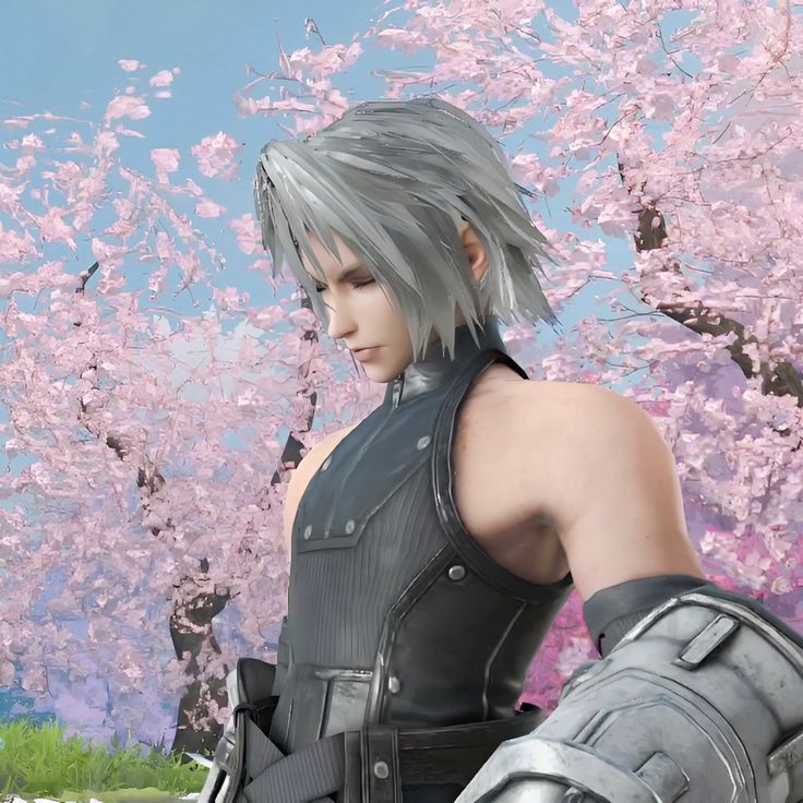 an image of a man with grey hair and armor in front of cherry blossom trees