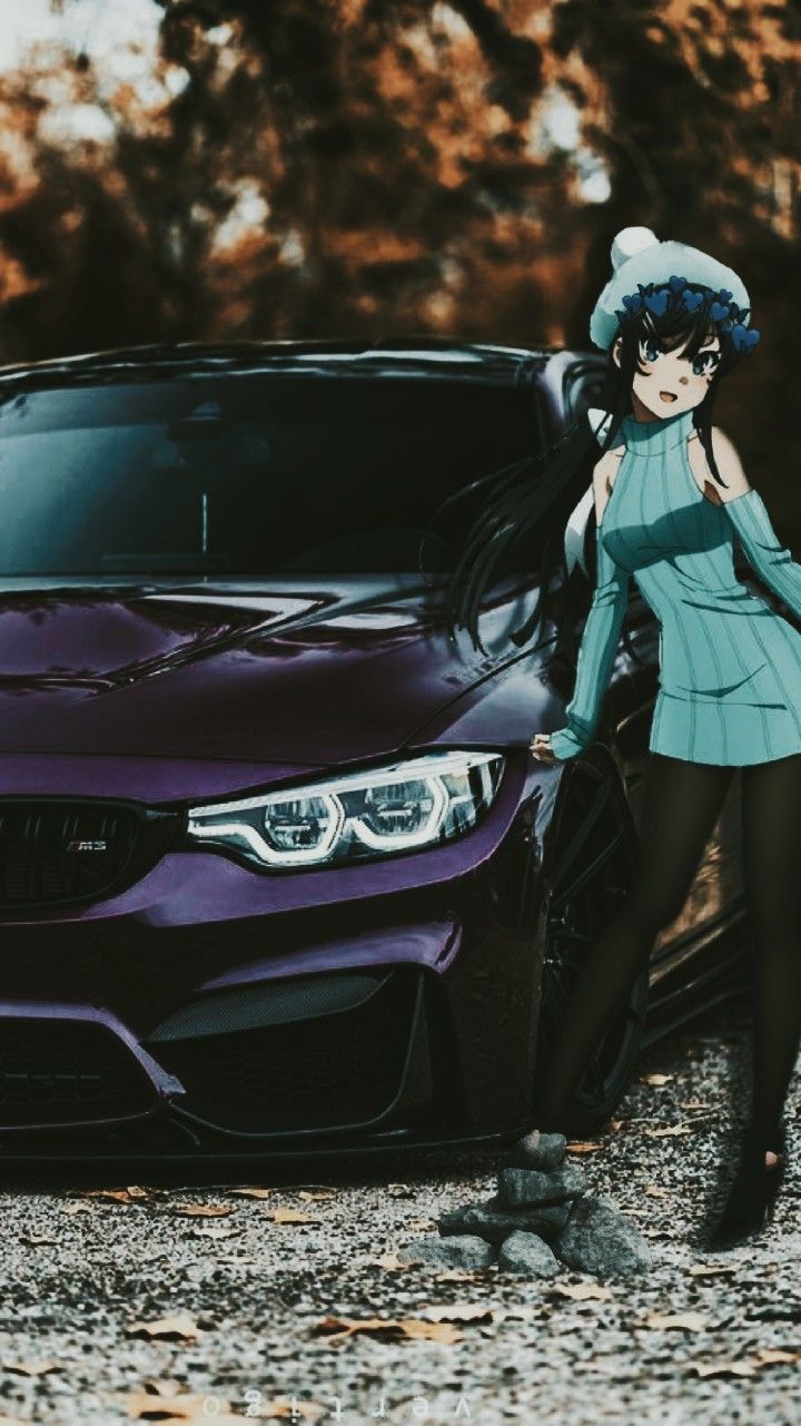 a woman standing next to a purple car