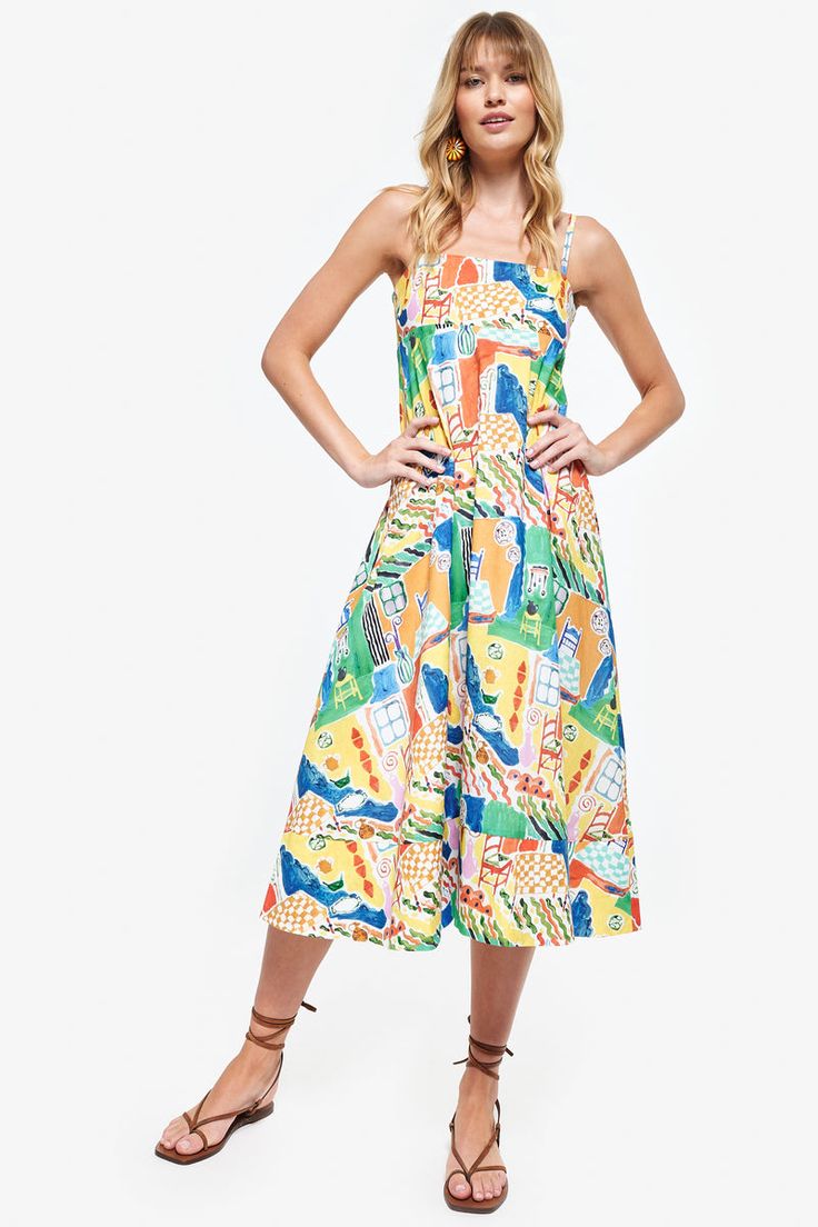 Summer Cotton Multicolor Maxi Dress, Multicolor Midi Dress For Summer, Cotton Midi Sundress For Vacation, Multicolor Print Midi Dress For Vacation, Summer Vacation Maxi Dress With Elastic Waistband, Multicolor Cotton Midi Dress For Beach, Summer Multicolor Cotton Midi Dress, Vibrant Print Midi Dress For Day Out, Summer Beach Midi Dress With Elastic Waistband