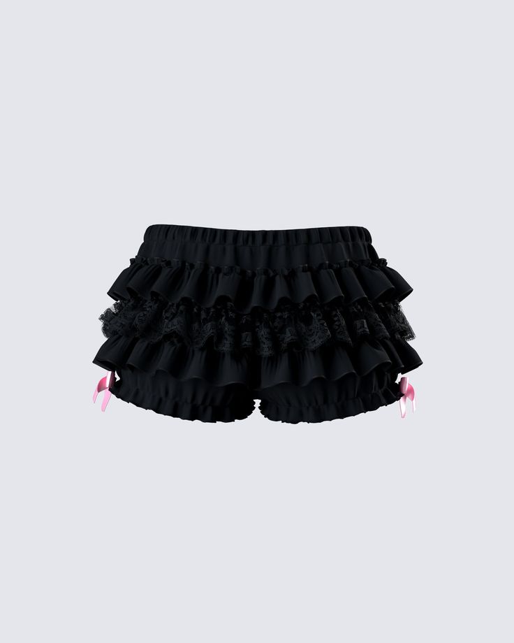 Ruffles are a pretty babe's best friend 🎀 Show off your carefree, playful self in these black ruffle shorts. Made from 100% cotton, and complete with a two-tone design, satin bow detailing, eyelet lace ruffle trim, and an elastic waistband, and leg opening 🖤 Black Lace Shorts Outfit, Tyla Concert, Black Ruffle Skirt Outfit, Png Shorts, Black Ruffle Shorts, Mini Shorts Outfit, Lace Short Outfits, Ruffle Shorts Outfit, Dunk Outfits