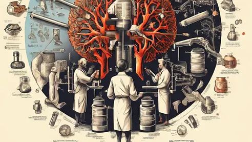 an image of the human brain surrounded by medical equipment and people in white coats working on machines