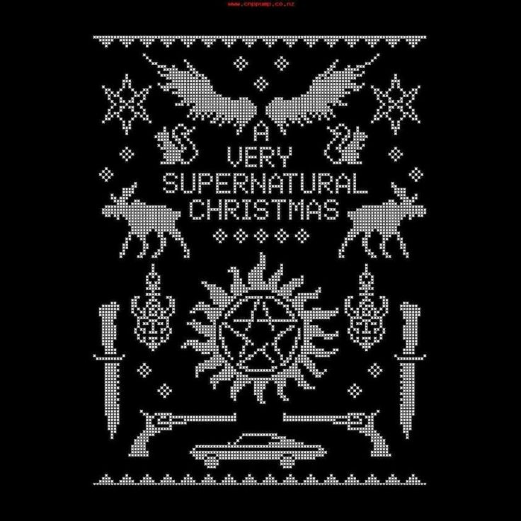 a cross stitch pattern with the words very supernatural christmas written in white on a black background