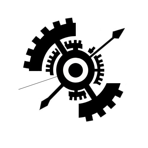 an abstract black and white image of gears with arrows pointing towards the center, on a white background