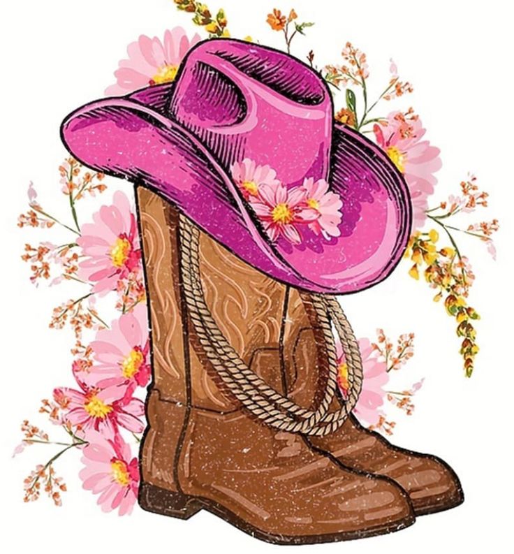 a pink cowboy hat and boots with flowers