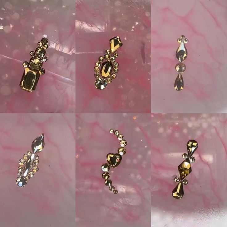 Bling Acrylic Nails Rhinestones Gold, Diamond Placement Nails, Gemmed Out Nails, Short Gold Bling Nails, Charm Placement On Nails, How To Add Rhinestones To Nails, Gemstone Placement Nails, Gold Gems On Nails, Nails Ideas With Diamonds