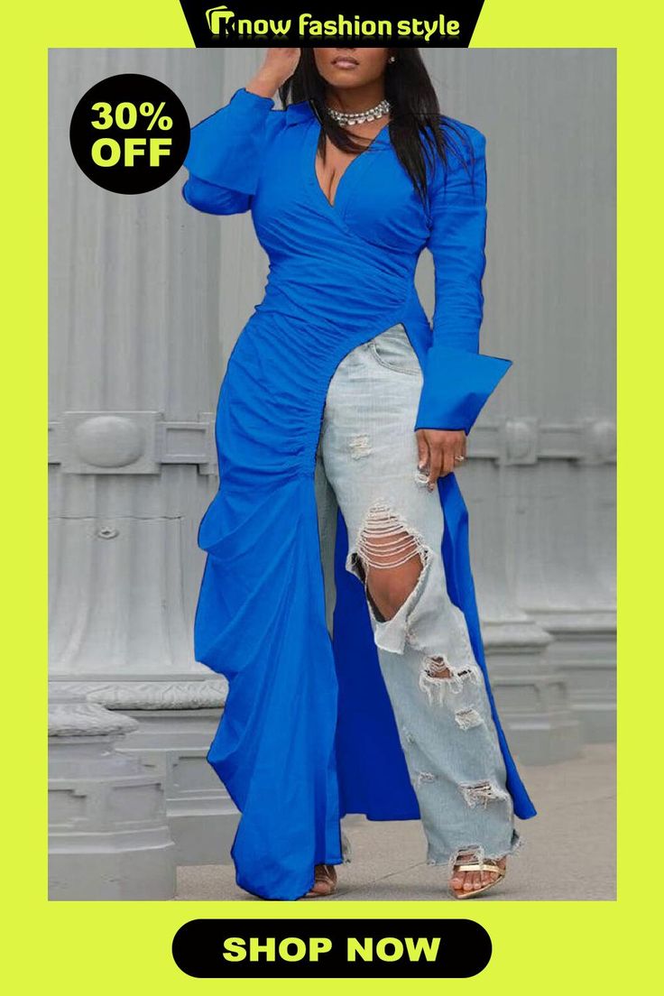 Blue Sexy Casual Solid High Opening Fold Shirt Collar High Waist Tops Ruched Gown, Shirt Folding, Maxi Gown Dress, Body Curves, The Machine, Maxi Dress Blue, White Maxi Dresses, Shirt Collar, Model Dress