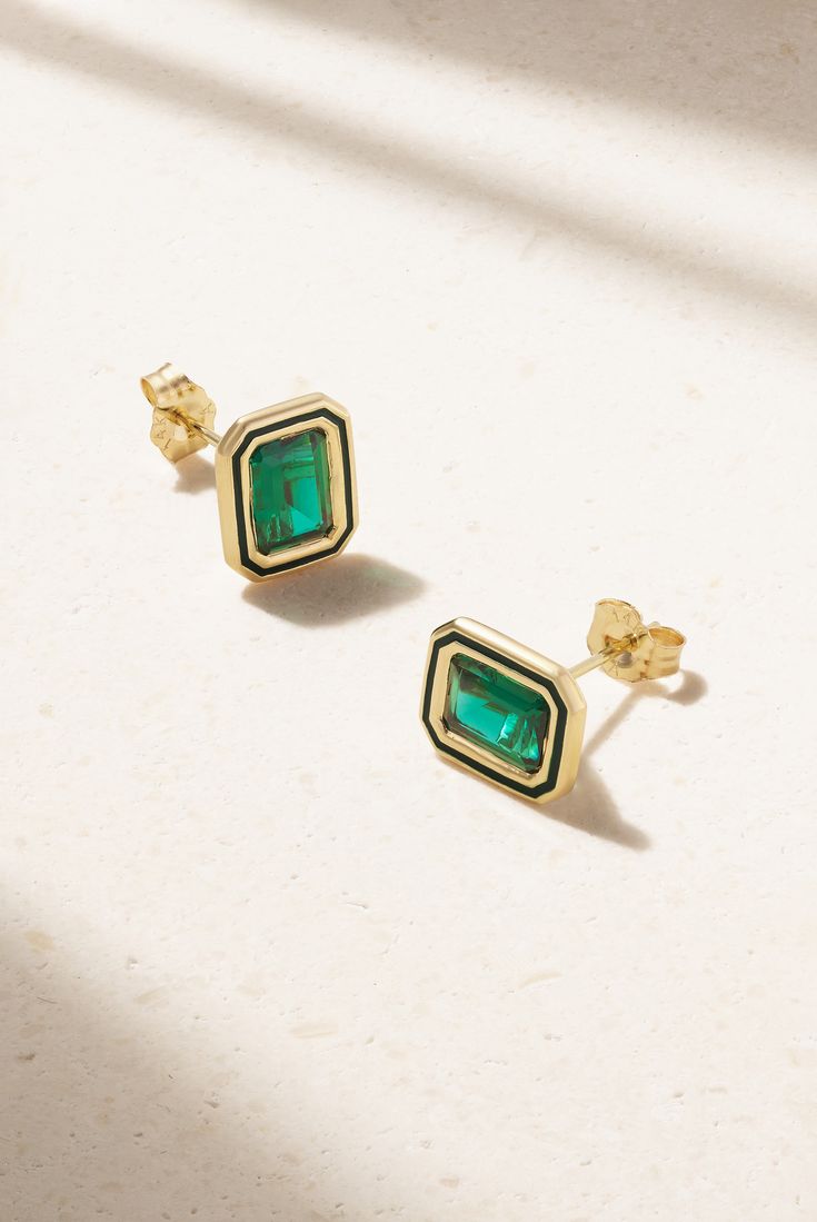 Alison Lou's 'Madison' earrings have the charm of a vintage find. Handmade from 14-karat gold, they're set with baguette-cut, laboratory-grown emeralds encased in the brand's signature tonal enamel. Wear yours solo to keep them in focus. Timeless 14k Gold Gemstone Earrings, Art Deco Yellow Gold Earrings For Anniversary, Art Deco Yellow Gold Anniversary Earrings, Classic Gold Emerald Earrings, Timeless Gold Gemstone Earrings, Timeless Hallmarked Earrings As Gift, Classic 14k Gold Gemstone Earrings, Classic May Birthstone Jewelry Tarnish Resistant, Classic May Birthstone Jewelry, Tarnish Resistant