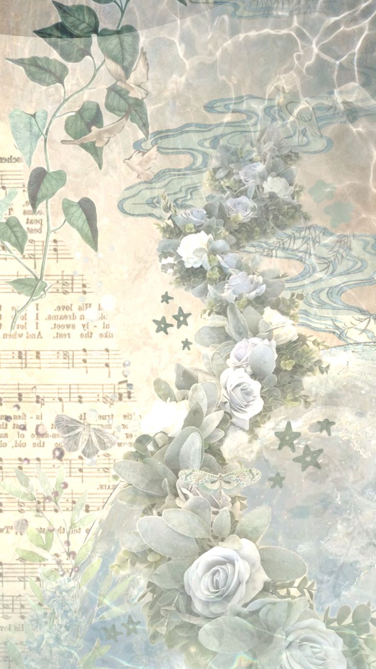 an artistic painting with flowers and music notes on the wall next to it's water