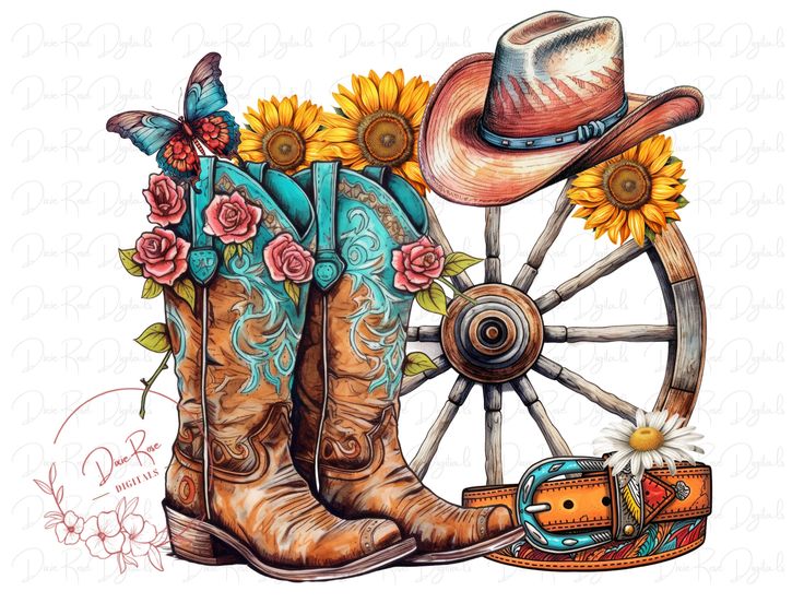 a cowboy boot, hat and sunflowers on a wagon wheel