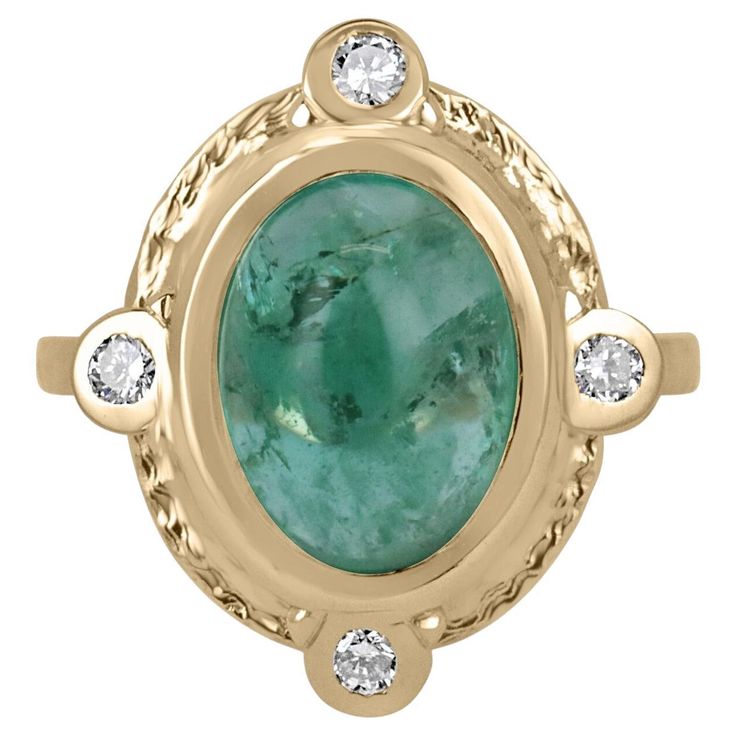 A vintage-styled, cabochon emerald and diamond accent ring. This treasure features a remarkable cabochon cut oval-shaped emerald with a ravishing medium bluish-green color, followed along with very good clarity and luster. But we haven't even got to the best part of this gemstone. If you look closely at one of the top corners of the gemstone; a minimal rainbow phenomenon can be seen! Making this piece rare and desired. Four, brilliant round-cut diamonds accent every corner of this beauty. Set in American Art Deco, Art Deco Emerald, Emerald Cabochon, Vintage Inspired Rings, Diamond Accent Ring, Vintage Style Rings, Yellow Gold Setting, Bluish Green, Modern Ring