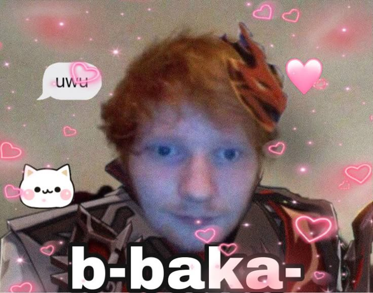 a young man with red hair wearing a crown and looking at the camera while surrounded by hearts