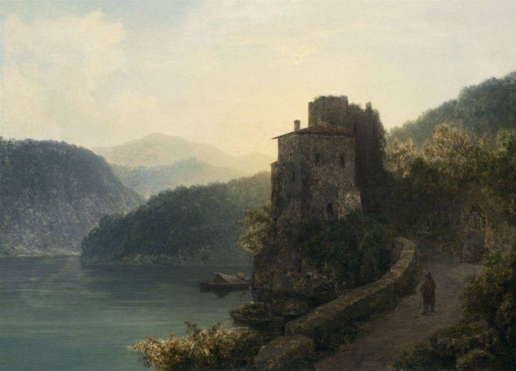 an old painting of a castle on a cliff by the water with mountains in the background