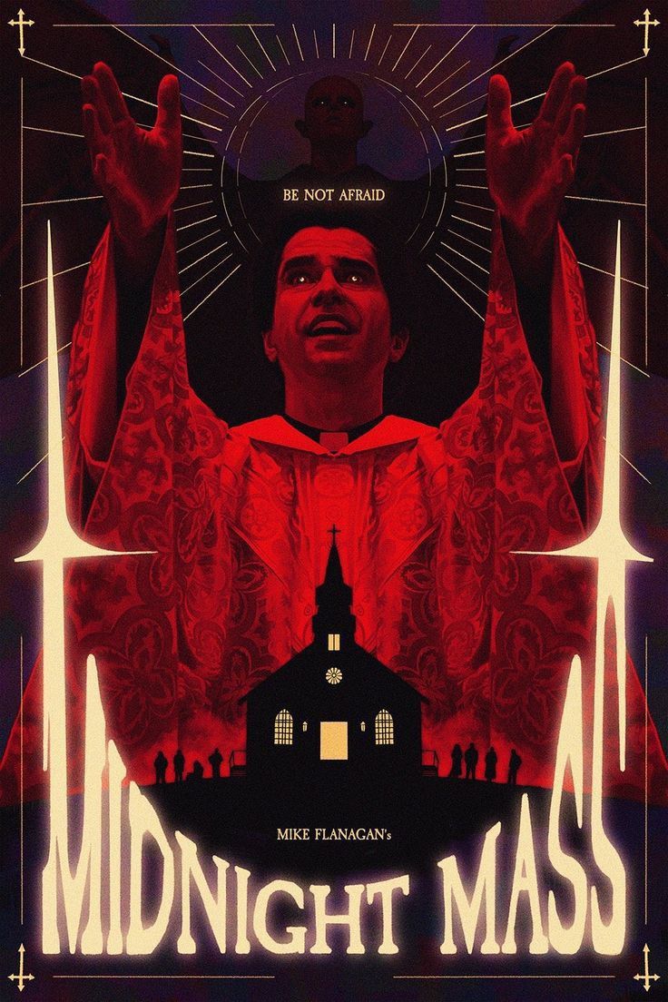 the poster for midnight mass, which features an image of a man standing in front of a church