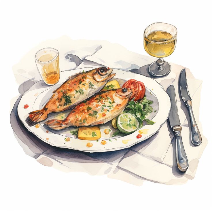 Aquarell illustration of fish plate 🐟 #aquarelle #aquarell #seafood #fish #dinner #art Fish Food Illustration, Seafood Drawing, Seafood Illustration, Wedding Stationary Design, Plate Drawing, Pan Fried Fish, Poster Idea, Fish Illustration, Fish Plate