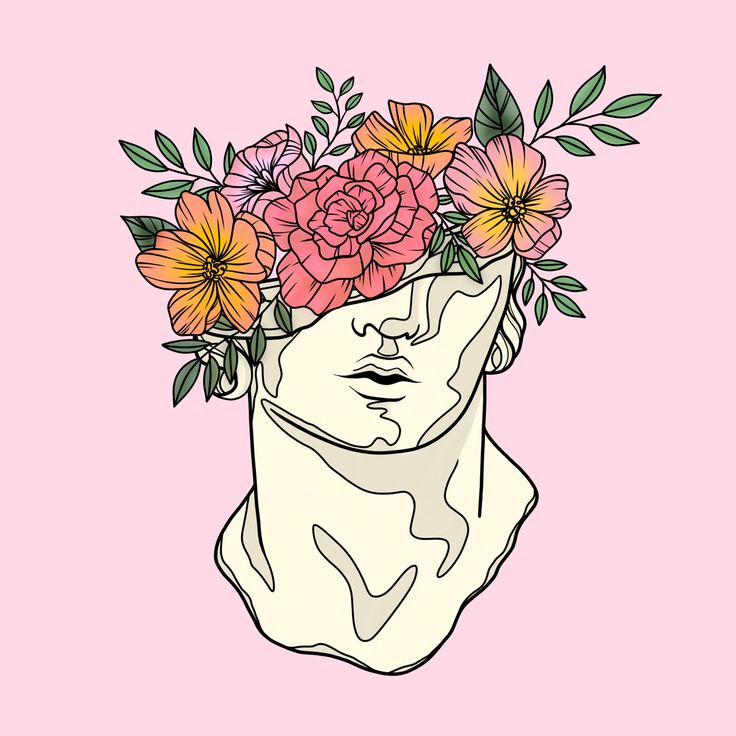 a drawing of a woman's head with flowers in her hair on a pink background