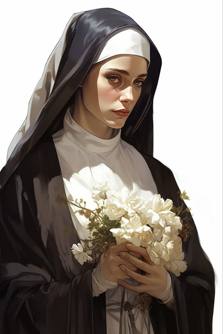 a painting of a nun holding flowers