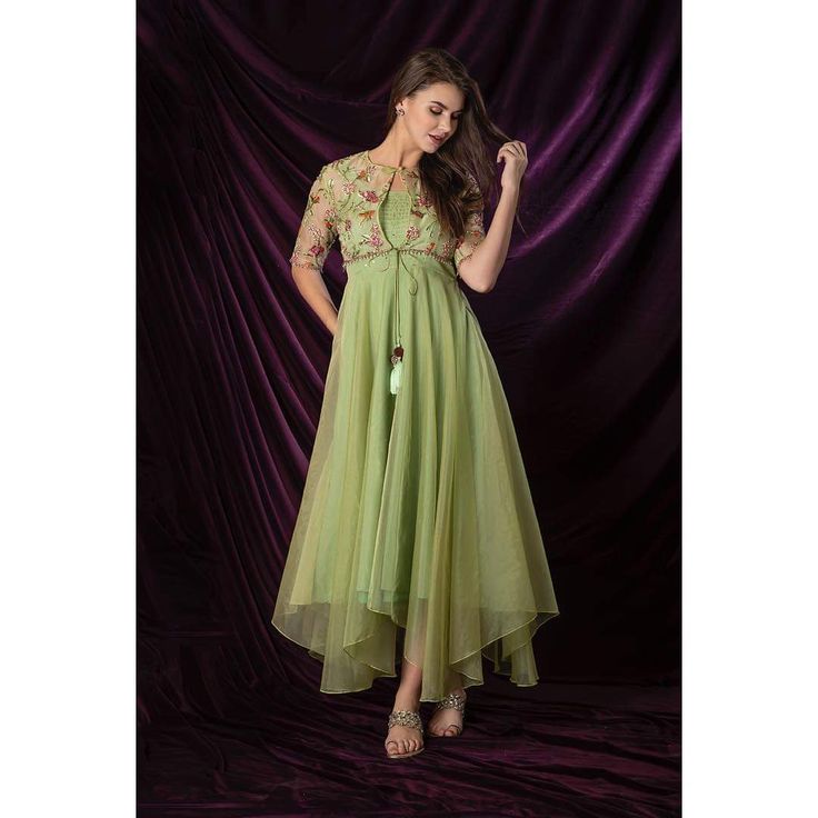 Jacket Style Kurti Party Wear, Organza Aline Kurti, Jacket Anarkali Dresses, Dori Designs For Kurti, Asymmetric Kurti Designs, Organza Dress Styles, Organza Dress Indian, Organza Dress Indian Kurti, Organza Dress Ideas