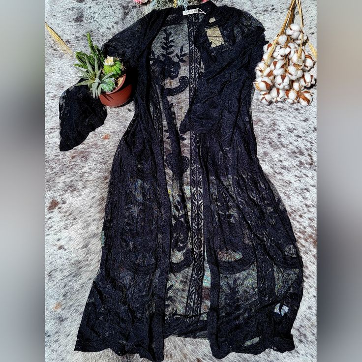 All Over Lace Cardigan Model Is Wearing Size Small Length: 49" Black Lace Duster Outfit, Lace Duster Outfit, Black Lace Duster, Duster Outfit, Lace Duster, Linen Cardigan, Victorian Clothing, Lace Cardigan, Cardigan Black