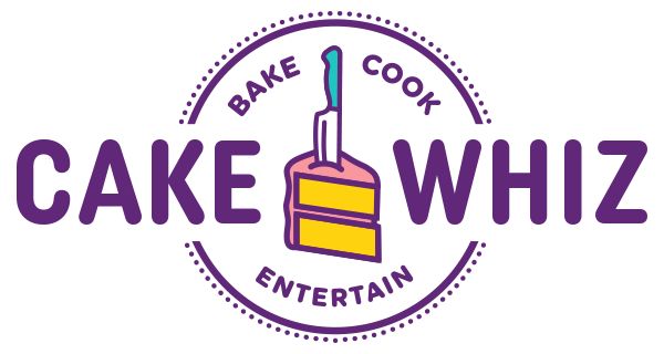 the cake whiz logo is shown in purple and yellow, with a fork sticking out of it