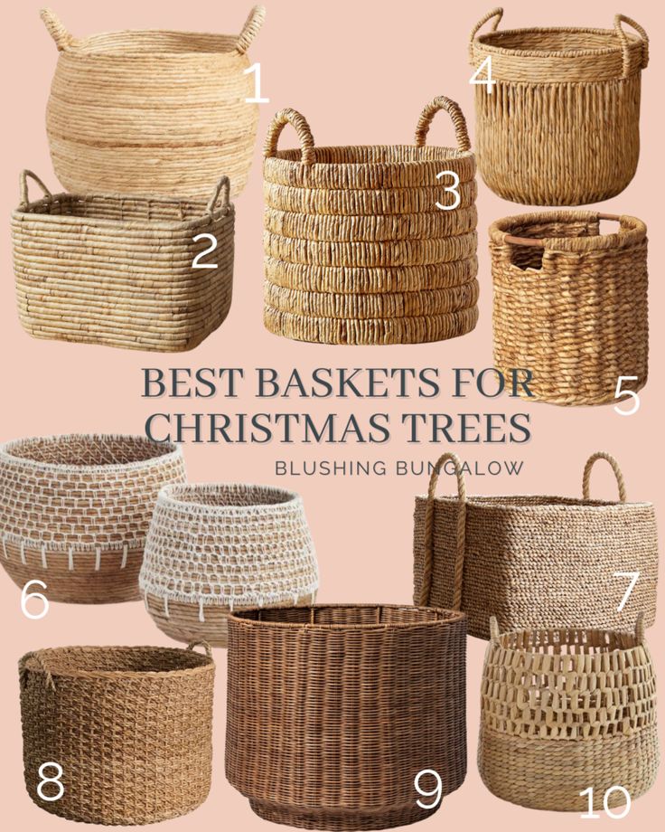 baskets for christmas trees with text overlay