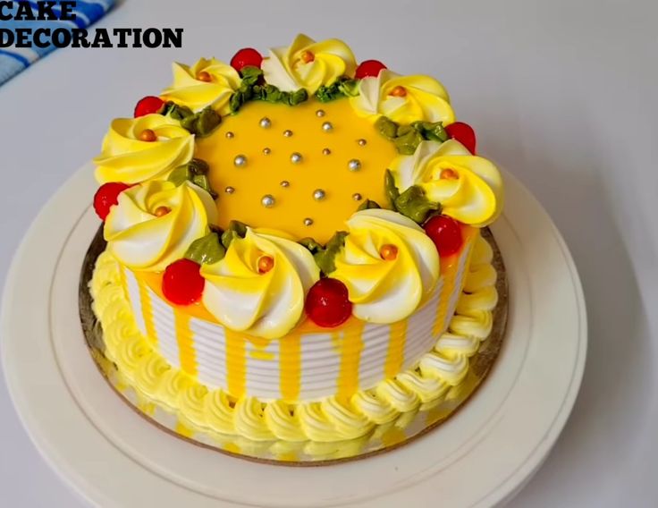 a cake decorated with yellow and white frosting