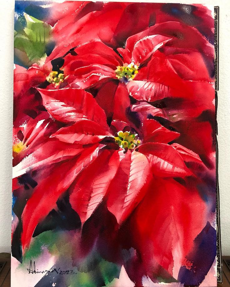 a painting of red poinsettia flowers with green leaves on the top and bottom