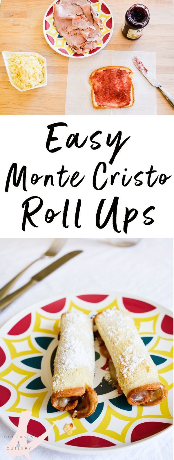 an easy monteri - cristo roll up is shown on a plate with other food items