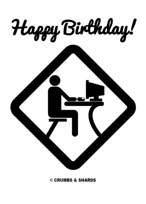 a happy birthday card with a man sitting at a desk in front of a computer