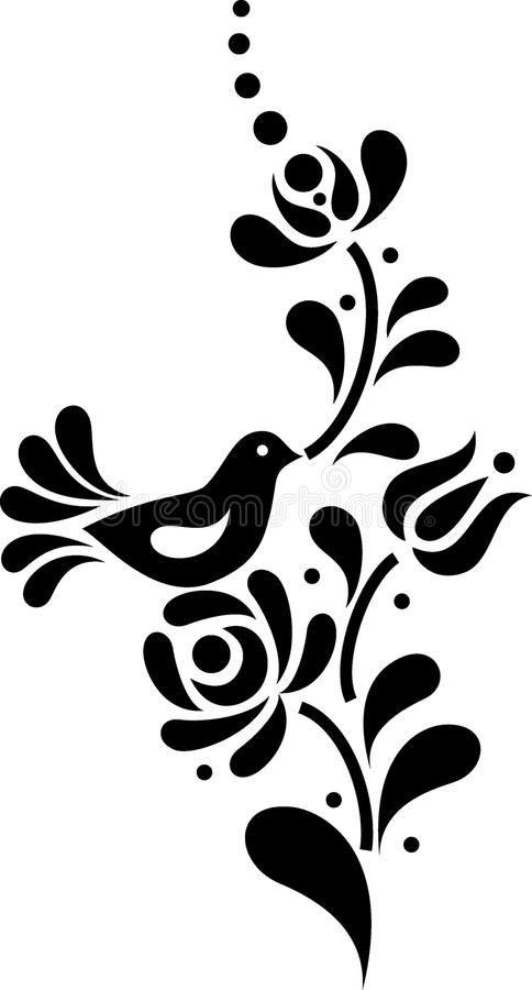 a black and white silhouette of a bird with flowers on it's wings royalty illustration