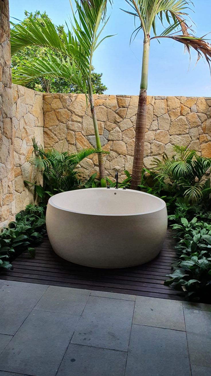 a large bath tub sitting next to a palm tree on top of a stone wall