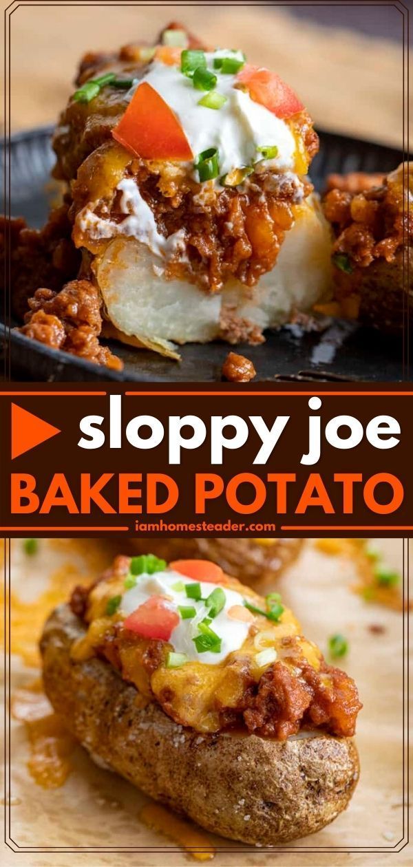 sloppy joe baked potato on a plate with the title overlaying it's image