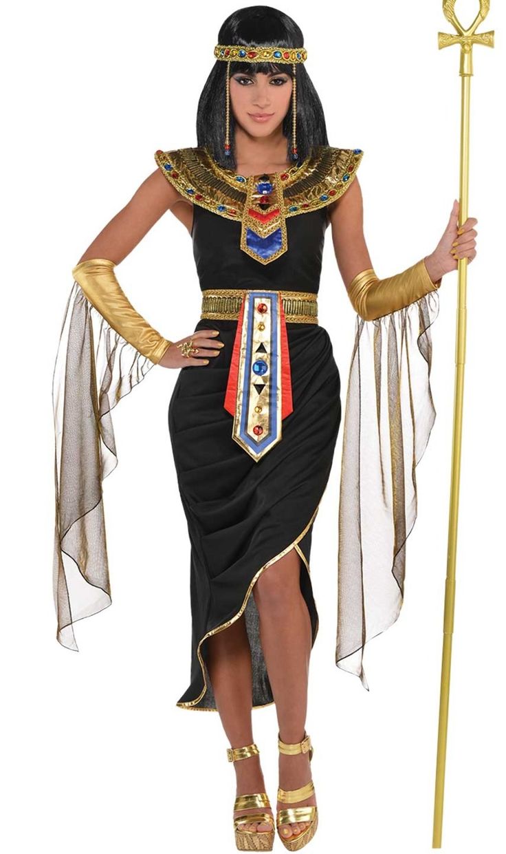 an egyptian woman dressed in black and gold holding a golden staff with her right hand