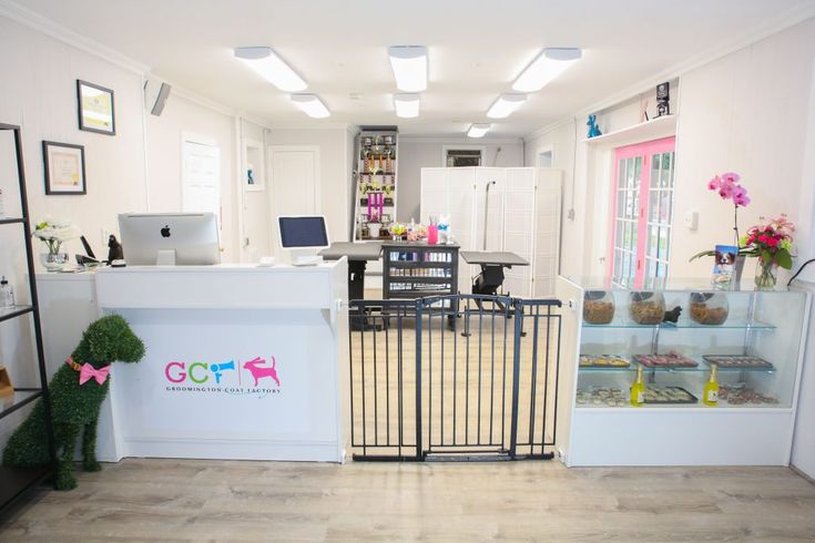 the front desk of a pet shop with an open door and dog kennel behind it