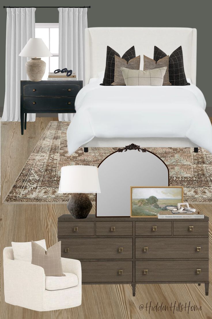 a bedroom with white bedding and pillows on top of a wooden floor next to a dresser