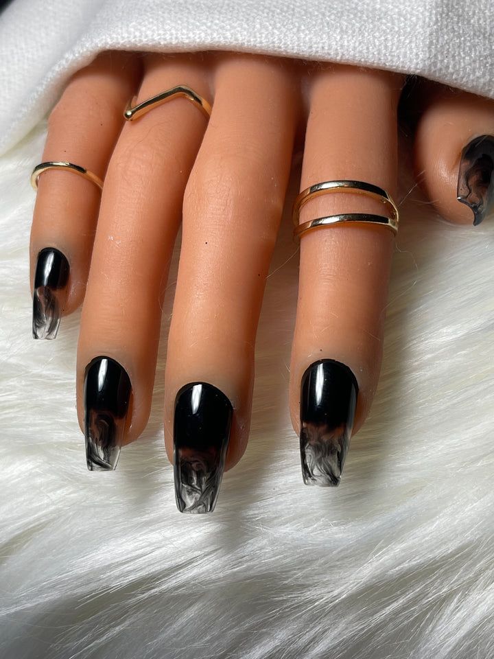 Savage Nails Design, Black Nails Acrylic Short Coffin, Black Nail Art Halloween, Black Detailed Nails, Gothic Nails Short Square, Smoky Black Nails, Gothic Nail Art Dark Short, Glass Black Nails, Gothic Coffin Nail Ideas