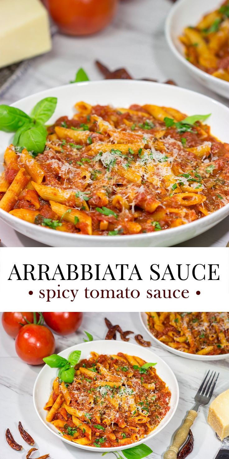 two bowls of pasta with tomato sauce and parmesan cheese on the side, next to tomatoes