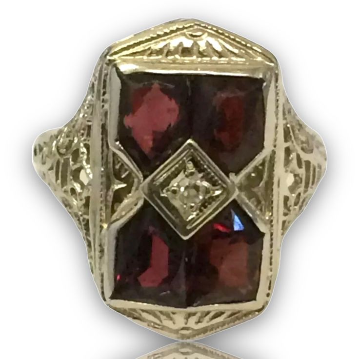 "VINTAGE 14K WHITE GOLD ANTIQUE GARNET ART DECO COCKTAIL RING BEAUTY!! Size 5.25 Each garnet measures approximately 5mm x 4mm Ring face measures 3/4\" high x 6/16\" wide. 3.6 grams One of the garnets are scratched across (see pics). Not cracked through. Shipped insured/delivery confirmation I guarantee item to be exactly as described and pictured." Victorian 14k Gold Diamond Cut Rings, Antique Red 14k Gold Signet Ring, Antique Red Signet Ring In 14k Gold, Antique 14k Gold Cluster Ring With Gemstones, Victorian 14k Gold Ruby Ring With Intricate Design, Antique 14k Stamped Ruby Wedding Ring, Vintage 14k Gold Ruby Ring For Formal Occasions, Vintage Red Signet Ring Stamped 14k, Vintage Red Hallmarked Signet Ring